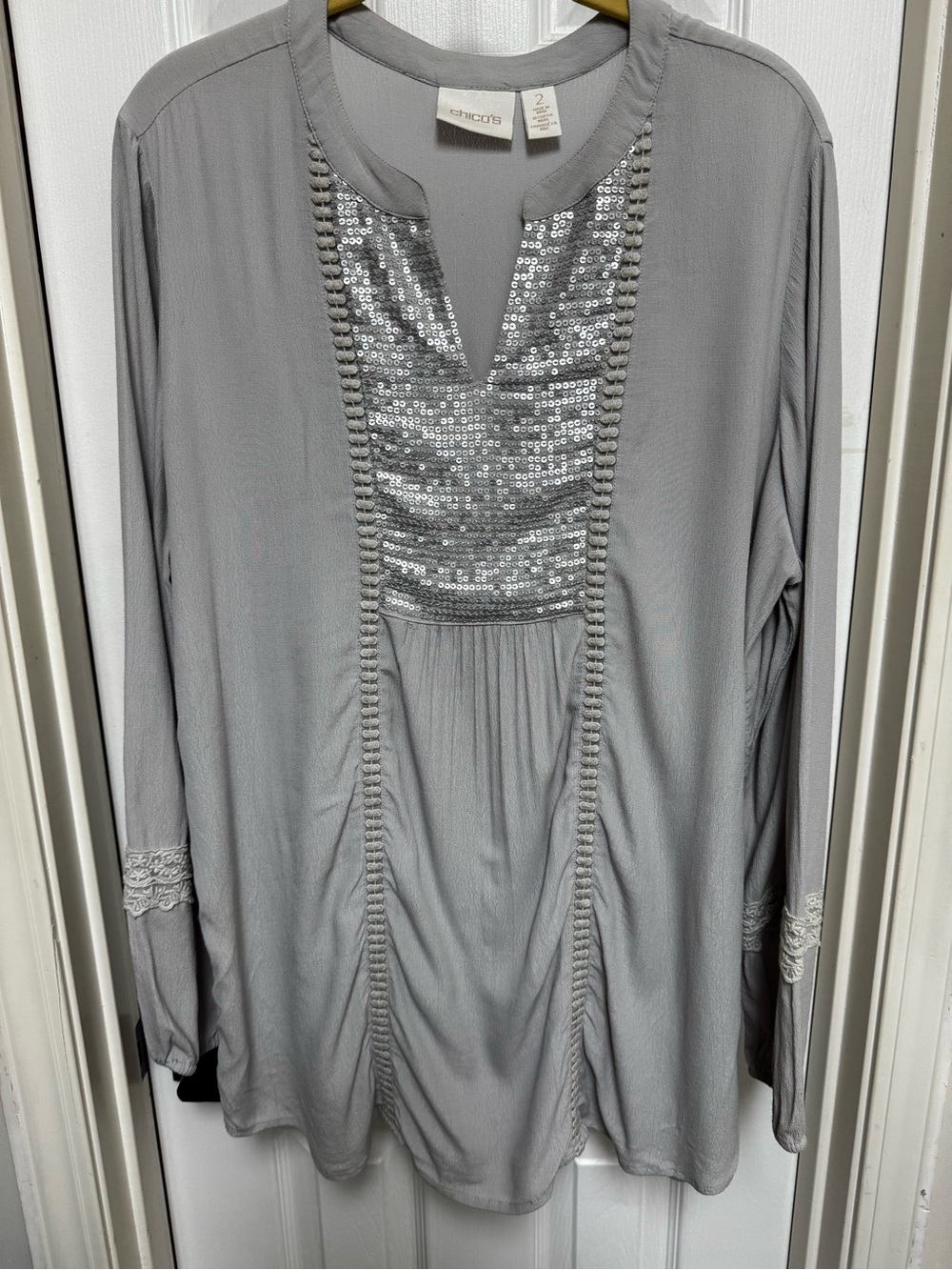 Chico's Gray Sequin-Embellished Long Sleeve Tunic